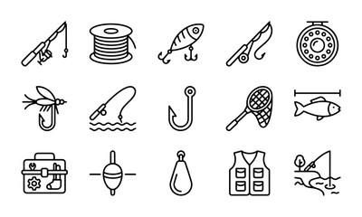 Fishing Icons Set: Rods, Reels, Lures, Nets, Tackle Box, Vest, Vector Graphics © Sourov