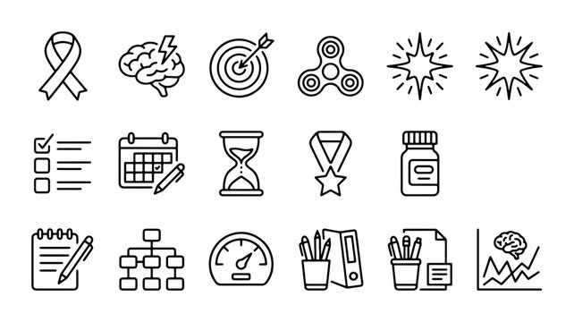 Business Icons Set: Brain, Target, Fidget Spinner, Ribbon, Calendar, Hourglass, Pills, Analytics