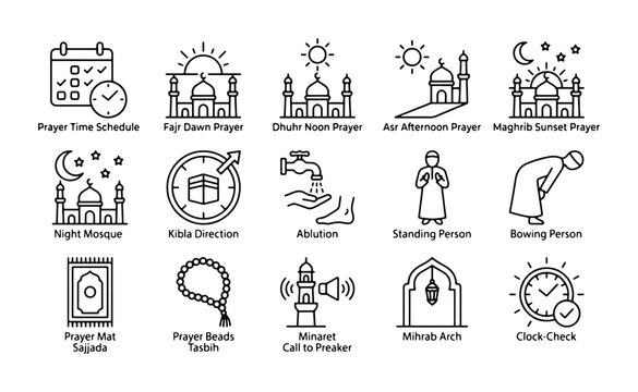 Islamic Prayer Icons Set, Muslim Worship Symbols, Mosque, Kaaba, Call to Prayer, Vector Graphics