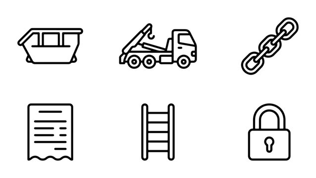 Construction Icons: Skip Bin, Tow Truck, Chain, Document, Ladder, Padlock, Vector Set