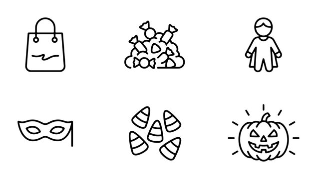 Halloween Icons Set: Trick-or-Treat Bag, Candy, Costume, Mask, Pumpkin, Vector Graphics