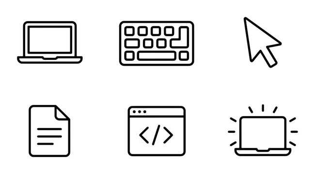 Technology Icons: Laptop, Keyboard, Mouse, Document, Code, Digital Device Set