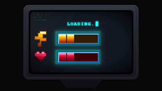 Retro pixel art loading screen on monitor displaying health and energy status bars filling up to full capacity with system ready notification
