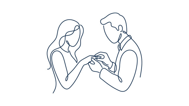 Continuous line drawing of a man proposing to a woman with a ring.