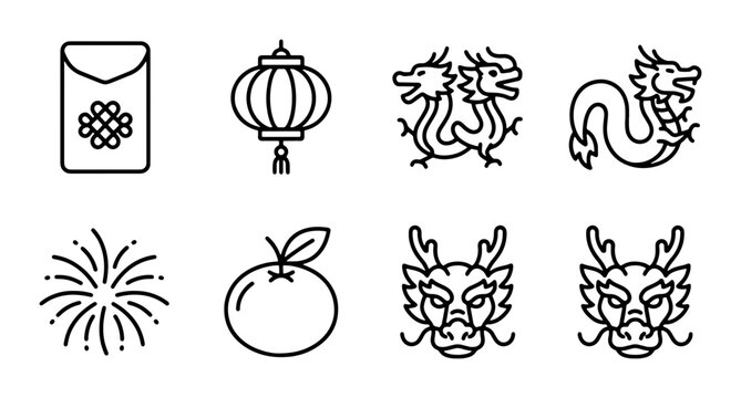 Chinese New Year Icons: Dragon, Lantern, Red Envelope, Orange, Firework Vector Set