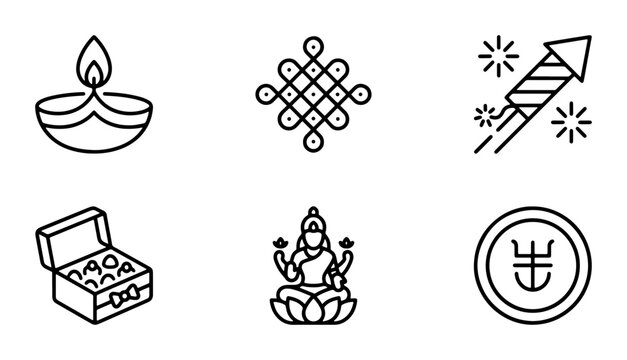 Diwali Icons Set: diya, rangoli, firework, treasure chest, goddess Lakshmi, auspicious symbol