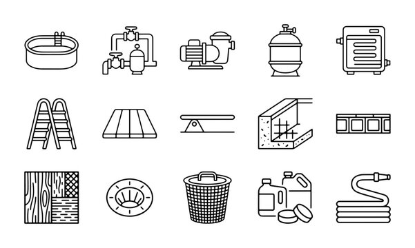 Swimming Pool Equipment Icons Set, Water Maintenance & Cleaning Vector Graphics