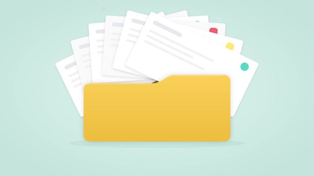 Yellow digital folder opens to display multiple organized documents and files with colorful tags on a clean light blue background