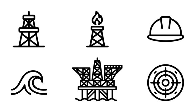 Oil Rig Icons, Offshore Platform, Safety Helmet, Wave, Target, Energy Industry Vector Set