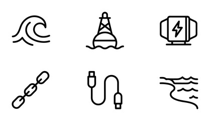 Marine Icons Set: Wave, Buoy, Generator, Chain, Cable, Coastline Vector Graphics © Mizan