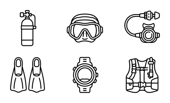 Scuba Diving Gear Icons Set, Underwater Equipment Vector Symbols, Marine Sports Equipment Collection