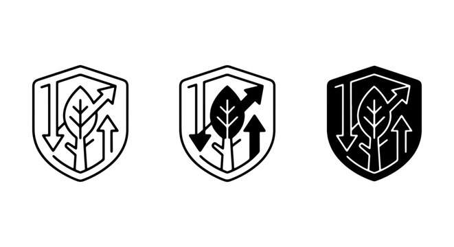 Eco-friendly Shield Icons: Green Leaf, Up & Down Arrows, Recycling Symbol, Vector Set