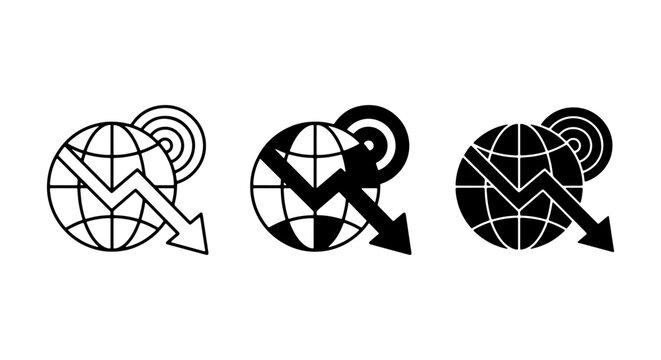 Global Downward Trend Icons, World Economy Decline Symbols, Financial Crisis Vector Graphics, Business Analytics Set