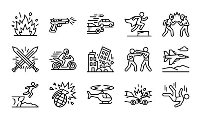 Action Icons Set: Fight, Fire, Car Crash, Superhero, Explosion, Military Jet, Helicopter © Rajib