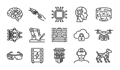 Fototapeta premium Technology Icons Set: AI, Robotics, Data, VR, Drone, Brain, Future Concepts