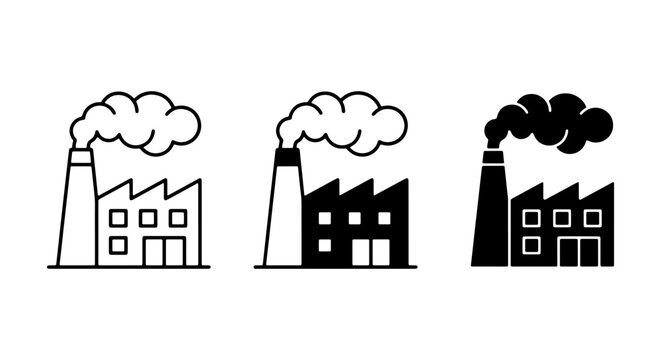 Factory Icons Set: Industrial Building Silhouettes, Smoke Stack Emissions, Pollution Symbols, Manufacturing Plant Graphics