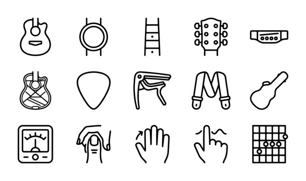 Guitar Accessories Icons Set: Music Tools, Tuning, Picks, Capos, Straps, Tuners, Chords