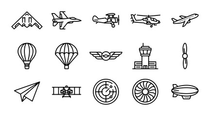 15 Aviation Icons, Aircraft & Air Transport Vector Set, Modern Flight Symbols © Rohan