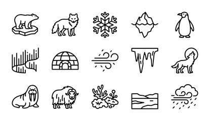 Obraz premium Arctic Icons Set: Polar Bear, Penguin, Wolf, Aurora, Igloo, Iceberg, Walrus, Musk Ox, Snowflake, Wind, Icicles, Cold Weather, Winter Nature