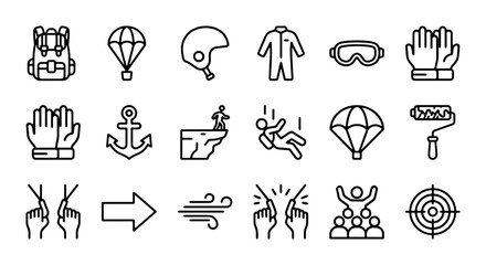 Skydiving Icons Set, Extreme Sports Vector Graphics, Adventure & Parachute Equipment Line Art © Rohan