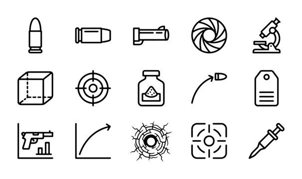 Science and Military Icons: Microscope, Bullet, Syringe, Target, Gun, Cube, Graph