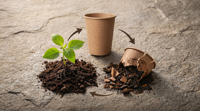 Conceptual photo showing a biodegradable paper cup decomposing into organic soil and nurturing a new plant.
