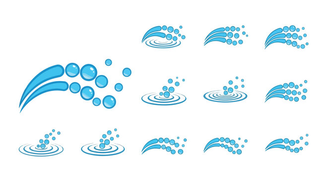Blue water splash icons with bubbles and ripples, set of 12 liquid wave vector elements, fresh aquatic spray symbols for logo design