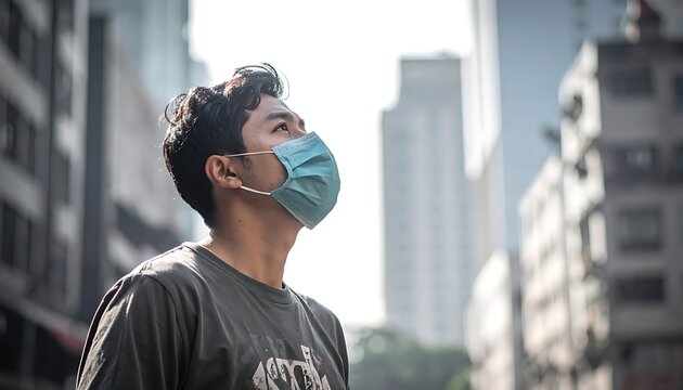 A man wearing a mask looks up on a city street