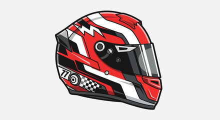 Red Racing Helmet with White and Black Graphics, Number 77, Checkered Flag Detail © jack