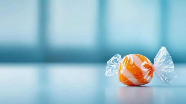 Minimalist composition featuring a single colorful hard candy with a partially peeled clear wrapper.