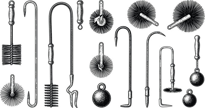 Vintage Chimney Sweep Tool Sketch Vector Set Featuring Brushes, Scrapers, Hooks, and Cleaning Weights for Fireplace Maintenance and Service Logo Designs