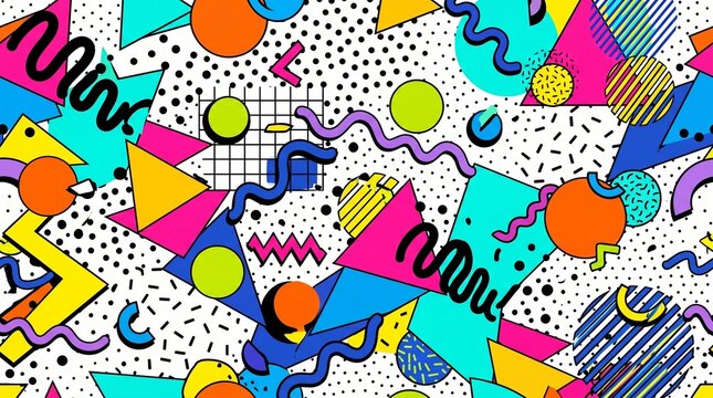 Seamless pattern featuring a vibrant 1990s retro style with geometric shapes like triangles, circles, and zigzags in bright neon colors including pink, yellow, blue, and green on a white background