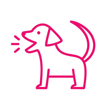 Minimalist pink line art icon of a barking dog.