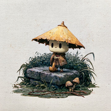 Tiny ghost spirit wearing a straw hat and robe standing on a mossy rock in watercolor style