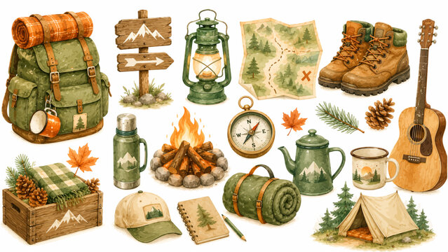 Rustic wilderness outdoor exploration vector elements featuring a compass, map, vintage lantern, and acoustic guitar