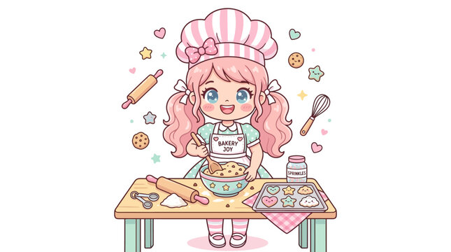 Cute Kawaii Baker Girl Baking Cookies with Rolling Pin and Whisk