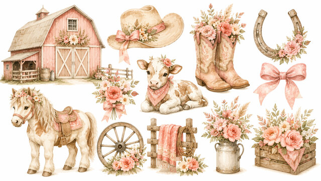 Watercolor cute cowgirl chic vector clipart set with pink barn, horse, baby calf, and floral cowboy boots