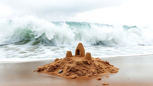 A large wave crashing onto a beach, washing over a sandcastle.