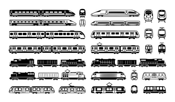 Minimalist Train Icon Set with Railway and Metro Transportation Vector Illustrations