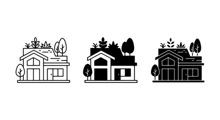 Naklejka premium Eco-friendly House Icons: Green Building Vector Set, Sustainable Architecture Design, Modern Home Illustration