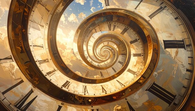 Abstract Spiral Clock Face with Roman Numerals and Sky Background