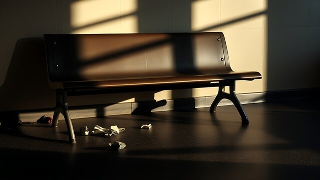 An empty waiting room bench with discarded items and long evening shadows.