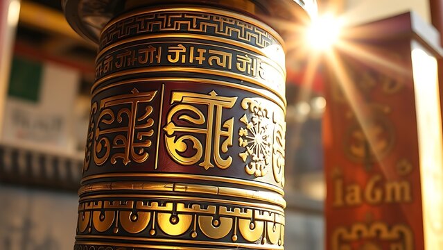 Antique Tibetan prayer wheel rotating in warm sunlight, intricate golden patterns.