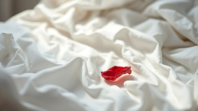 Crushed red rose petal on white silk sheets, soft window light.
