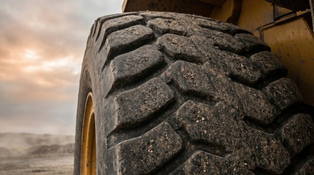 Heavy Duty Dumper Truck Tire on a Dusty Construction Site at Sunset