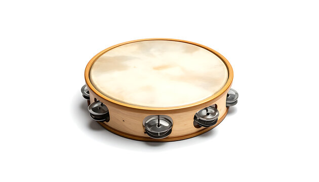 A traditional tambourine with a wooden frame, a natural skin drumhead, and metal jingles, isolated on a white background