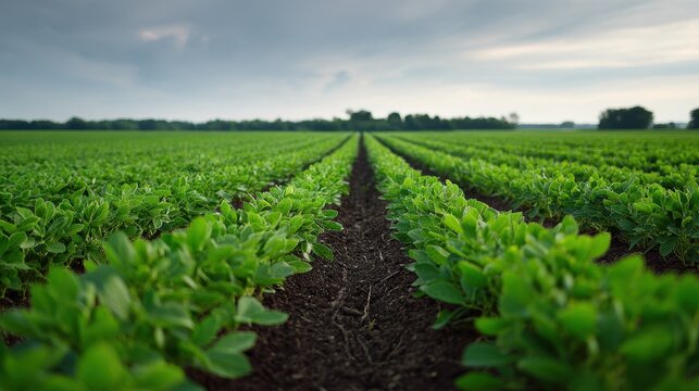 Rows of Young Soybean Plants Growing in a Vast Agricultural Field Under a Cloudy Sky
