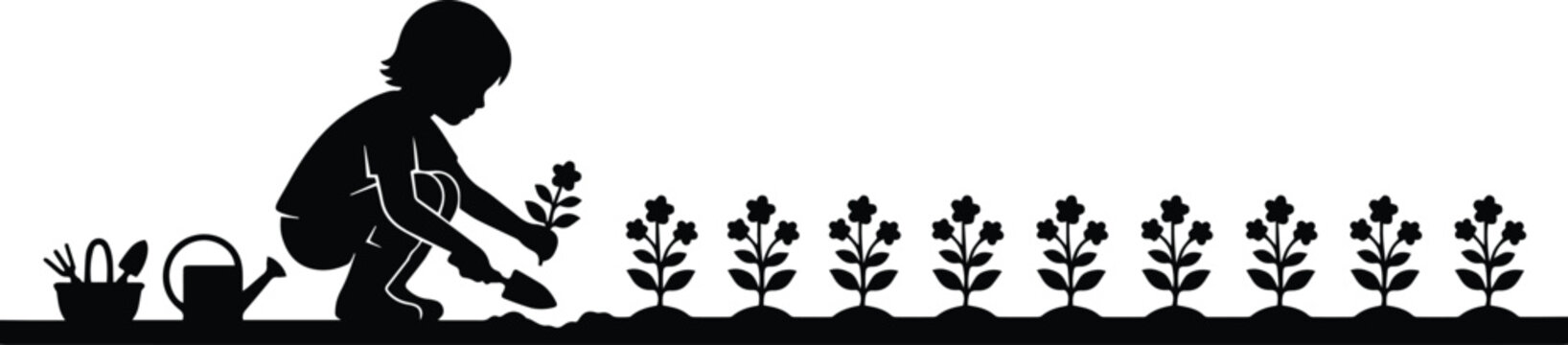 Child gardening silhouette vector, young boy planting flowers in garden bed, small kid with watering can and hand trowel tools isolated on White Background