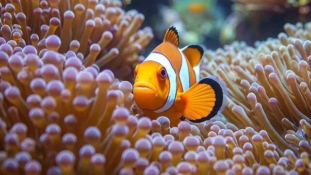 A bright orange tropical fish swims near a soft sea anemone