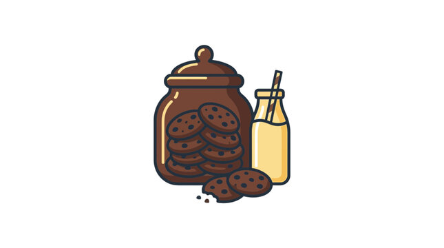 Chocolate Chip Cookies In Jar With Milk Bottle, Sweet Snack Illustration